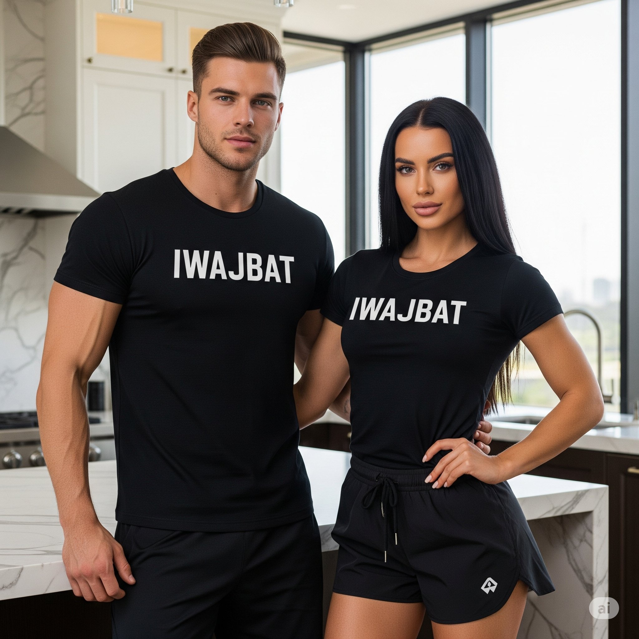 Couple in modern kitchen wearing fitness apparel